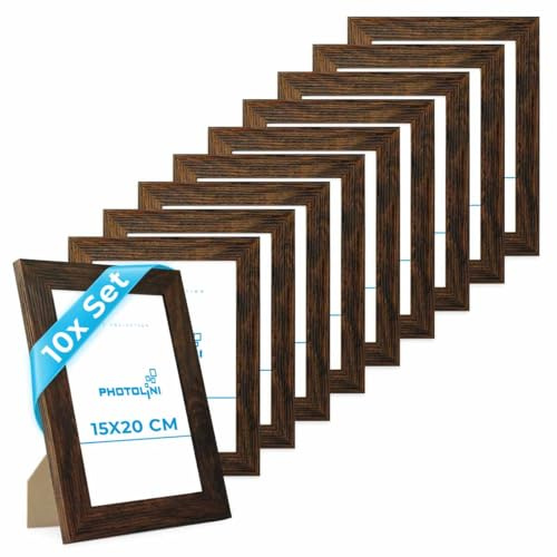 PHOTOLINI Bilderrahmen 15x20 Holz MDF Eiche Dunkel, 10er Set breite Bilderrahmen 20x15, Picture Frame mit Acrylglas, Bilder Rahmen 15 x 20 cm zum Aufhängen & Aufstellen, Rahmen 15x20 mit Zubehör
