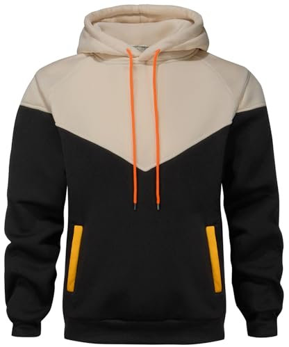 comefohome Mens Hoodies UK Pullover Color Block Sweatshirts Long Sleeve Fleece Hoody Drawstring Casual Designer Tops with Pockets Beige Black XL