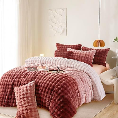 Gezu Housse de Couette Flanelle 240x260cm Rose Hiver Parure de Lit de Velours Fausse Fourrure de Lapin Super Douce Chaude Literie 2 Personnes avec 2 Taies d'oreiller 65x65cm avec Fermeture Éclair