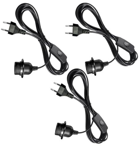 Y.W.Licht E27 Lampenfassung Kit mit Schalter Stecker 4M Kabel E27 Lampensockel mit Schraubring Schwarz DIY Fassung für Lampenaufhängung, Pendelleuchte, Deckenlampe in Küche und Zimmer (3 Stück)