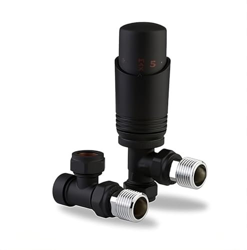 Team Controls Matt Black Angled Thermostatic TRV Radiator Valve & Lockshield 15mm x 1/2 Pack