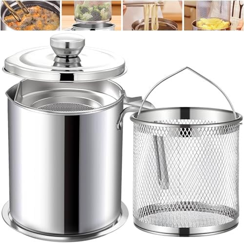 Chihee Contenitore per grasso Friggitrice 2 in 1 In acciaio inox Salva grasso per pancetta con maglia fine Filtro Cestino per frittura 2L Filtro per olio Lattina di grasso con Coperchio Vassoio