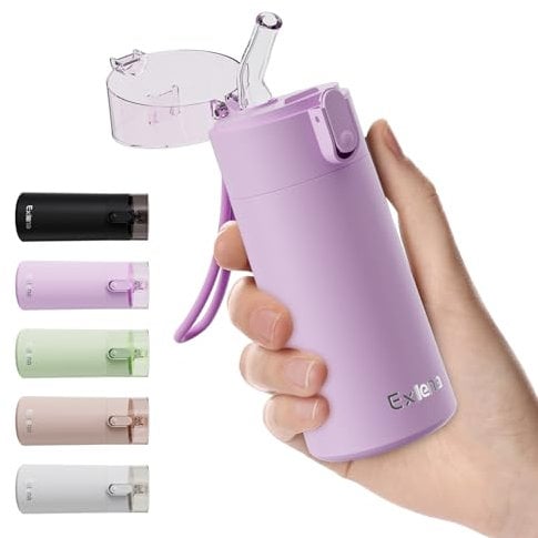 Exllena Petite Gourde Isotherme 150ml avec Paille à Ouverture Une Main, Mini Bouteille Isotherme Anti-Fuites & Design Ultra-Compact, Idéale pour le Sport, Bureau ou En Voiture(Violet Rosé)