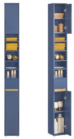 SoBuy Badzimmerschrank Schmal - Badezimmer Hochschrank aus Holz mit verstellbaren Einlegeböden - Wasserabweisender Badschrank - platzsparendes Badmöbel, Blau, 20x180x20cm BZR34-B