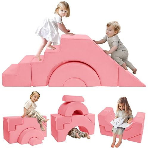 MeMoreCool Kindersofa Spielsofa, Modulares Schaumstoff Bausteine, Baby-Schlafsofa zum Klettern und Krabbeln, Softbausteine für Kinderzimmer oder Spielzimmer, Mini Sofa mit Rutsche und Treppe, Pink