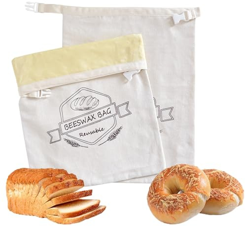 Brotbeutel Bienenwachs,2x Bienenwachs Brotbeutel für Brot Brötchenbeutel, Wiederverwendbare Natürliche Bienenwachs-beschichtete Baumwoll-Aufbewahrungsbeutel für selbstgebackenes Brot und Backwaren