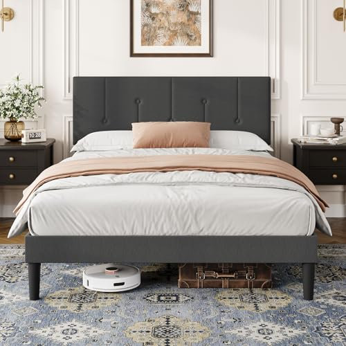 Vesgantti Single Bed Frame with Adjustable Linen Headboard, Solid Wooden Slats & Upholstered Platform, Easy Assembly, No Box Spring Needed, Under Bed Storage, 3FT Single Bed, 90 x 190 cm, Dark Grey