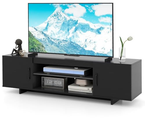 COSTWAY TV Stand Cabinet for 70 Inch TVs, 152cm TV Unit Media Entertainment Center with Charging Station, Storage Shelves and 2 Doors, Wooden Media Console Table for Living Room Bedroom (Black)