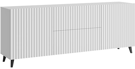 MINIO go for it - Kommode LOKET, Sideboard 180 cm breit, | Standkommode, Wohnzimmer, schwarze Beine, Wohnzimmermöbel, Farbe: Weiß / Weiß mit gerillten MDF-Fronten