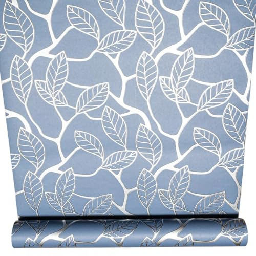 SOPHIE LAURENCE Blue Leaf Wallpaper Silver Metallic Shimmer Flat Finish Feature Wall Lounge