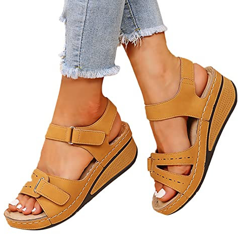 Sandales Femmes Nu-pieds Orthopédique Compensées Sandale Confortable de Plage Chaussure Femmes Talon Compensé Pantoufles ete Respirantes Semelles épaisses Anti-dérapant Chaussures Romain Sandal