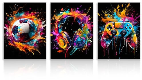 Dazzlewall 3 Stück Graffiti Jungenzimmer Wandbilder, Bunte Fußball Kopfhörer Gamepad Bilder für Schlafzimmer Jugendzimmer Spielzimmer Deko 12x16 Zoll Ungerahmt