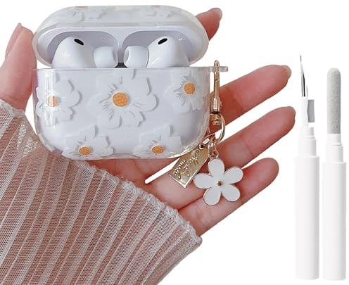 MINSCOSE Kompatibel mit AirPods Pro 3. Generation Klarsicht-Hülle, niedliches Cartoon-Gänseblümchen-Musterdesign mit Blumen-Schlüsselanhänger, weiche TPU-Schutzhülle für AirPod Pro 3 – Weiß