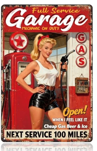 WADORN Garage Gas Pin-Up Girl Vintage Metal Tin Sign, 8x12 Inch Full Service Gas Station Motorcycle Retro Wall Art Sign Funny Route Auto Metal Decor Gifts Plaque for Garage Man Cave Home Cafe