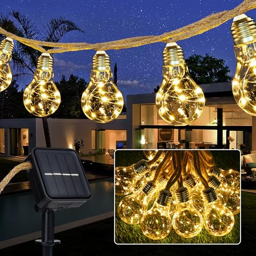 Joomer Solar Lichterkette Aussen 7.5M 16 Glühbirnen LED Lichterkette Außen | Wetterfest Gartenleuchte 8 Modi Vintage Warmweiß Outdoor Hanfseil Lichterkette für Party Balkon Hochzeit Pavilion