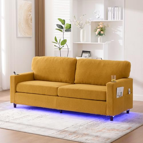 FammyLoft Sofa 2 Sitzer, Eckcouch mit USB-C, Cloud Couch mit LED-Ambiente, Getränkehaltern und Seitentaschen, Holz/Metall-Rahmen mit Komfortschaum für Wohnzimmer, Schlafzimmer, Gelb