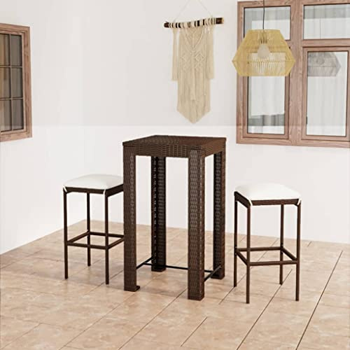 Holamys 3-TLG. Gartenbar-Set mit Kissen, Poly Rattan Braun, quadratischer Bartisch 60x60cm, 2 Barhocker, wetterfestes Outdoor Terrassenmöbel-Set für Balkon & Garten