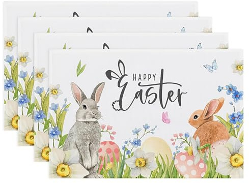 MOAZIFI 4 Stück Tischset Ostern, Osterndeko Tisch, Hasen Eier Blumen Motiv, Ostergeschirr, Ostertischdecke für Deko Frühling, Party, Feier, Esstischdekoration Drinnen Urlaub Party Deko 45x30CM