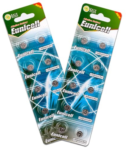Pack of 20 - LR41/AG3 Eunicell 1.5V Button Coin Cell Alkaline Batteries - Suitable for use in LED lights, Digital Voice Recorders, Toys, Blood Glucose, Cholesterol Testing, Meters, Toys