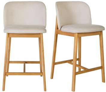 Miliboo Tiega Barhocker, Stoff, strukturierter Velours-Effekt, Beige und helles Holz, Höhe 69 cm, 2 Stück