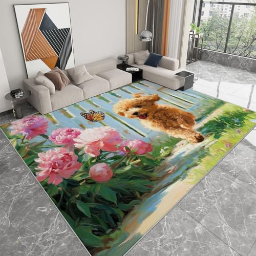 WHUOEUCO Teppich Wohnzimmer Gartentier Hund 160x230cm Waschbarer Rutschfester Weich Teppich für Schlafzimmer, Esszimmer und Küche, Langlebig