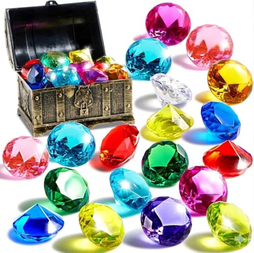 Set Gemas de Buceo con Cofre del Tesoro Pirata 16 Diamantes de Colores Juguete Piscina Niños Entrenamiento Natación Anillos Buceo Juegos Acuáticos Verano