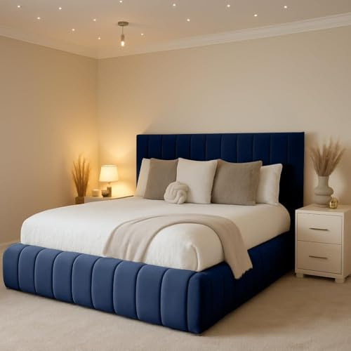 LUXURY DELUXE Double Bedframe with 48 Headboard, Upholstered Soft Plush Velvet 4Ft6 Double Navy Blue Bed Frame Wooden Slats - No Mattress - No Storage