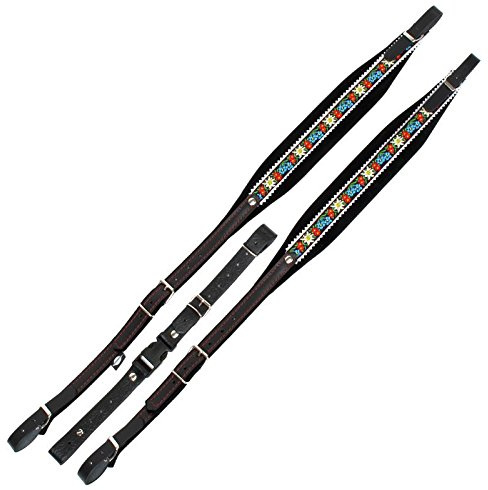 Alpenklang Harmonikariemen Edelweiß/Schwarz für 3-reihige Harmonikas | Trageriemen für 3-reihige Harmonikas, Edle Stickerei, Dicke Polsterung, Lederausführung, In der Länge veränderbar
