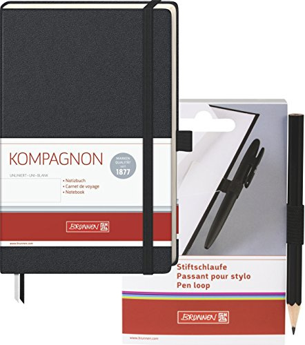 BRUNNEN 105522605 Notizbuch Kompagnon Klassik (Hardcover, 12,5 x 19,5 cm, unliniert, 192 Seiten) + Stiftschlaufe selbstklebend [ schwarz ]