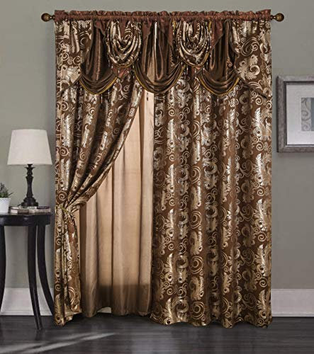 Golden Rugs Jana Collection Jacquard-Vorhang-Set mit Volant und Rückseite, für Schlafzimmer, Wohnzimmer, Esszimmer, 274 x 213 cm, Braun