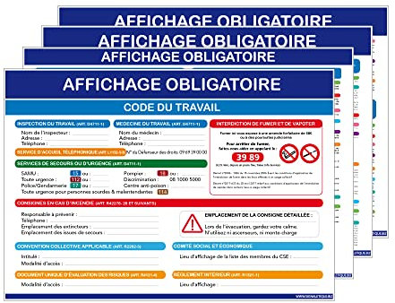 Signalétique.biz - Lot de 4 Affichages Obligatoires du Travail - Mise à Jour CSE - 210x300 mm, Adhésif