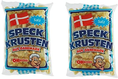 OK Snacks Doppelpack: 2 x Speckkrusten 150g aus Dänemark gebratene Speck Krusten Knabberei