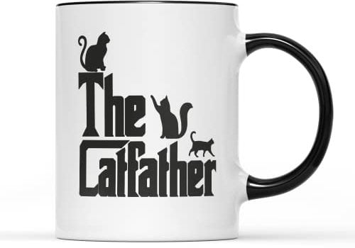 The Catfather Mug Tea Coffee Cup Novelty Funny Fun Phrase Crime Felony Family New York Business Cat Feline Kitten Pet Love Mob War Don Film TV Gift Present (Black Handle)