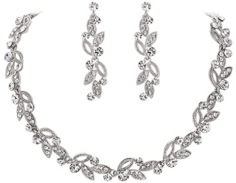 EVER FAITH Hochzeit Schmuck-Set Art Deco ausgehöhltes Marquise Kristall Blatt Cluster Halsketten und Ohrringe Set