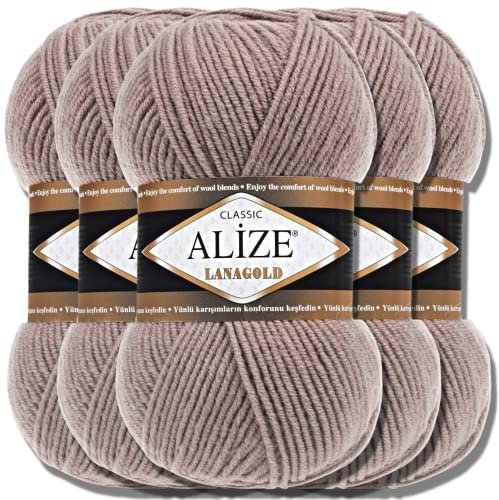 Alize 5 x 100g Lanagold Türkische Premium Wolle Baumwolle und Acryl Handstrickgarne | Yarn | Garn | Strickgarn Accessoire Baby zum Häkeln Stricken Kleidung Schals (Milky Brown | 584)