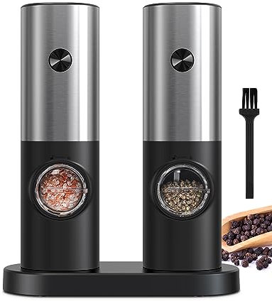 Cokunst Edelstahl Pfeffer- und Salzmühlen Set, elektrische Pfeffermühle mit Ständer, batteriebetrieben, einstellbare 5 Stufen der Grobheit nachfüllbares Mahlwerk, automatisches Mahlen mit LED Licht