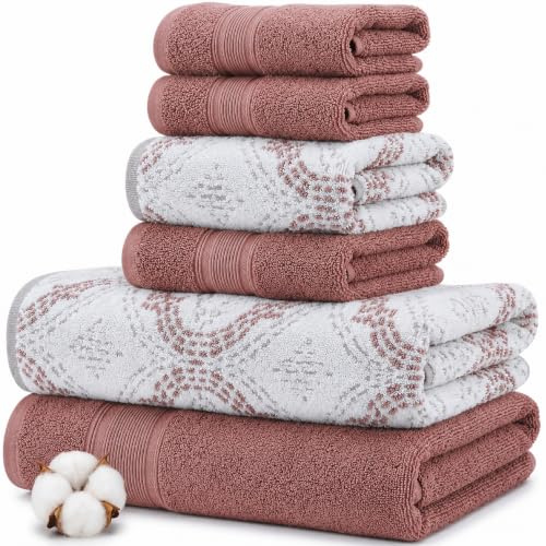 Modern Threads Capri 6-teiliges wendbares Jacquard-Handtuch-Set – Badetücher, Handtücher und Waschlappen – super saugfähig und schnell trocknend – 100% gekämmte Baumwolle, Rosenholz