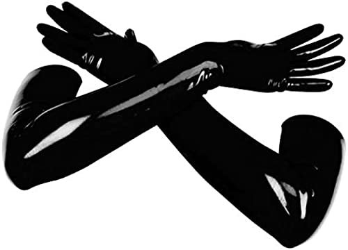 IDOBLO Lange Latexhandschuhe Für Damen, Schwarze Club-Outfits, 0,6 Mm Gummi-Handschuhe Mit Kleinen Fingern,Schwarz-0,4 Mm,Mittel
