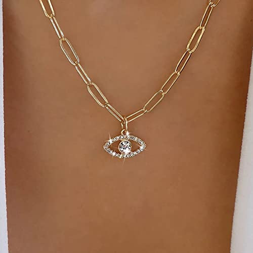 TseenYi Cz Evil Eye Necklace Gold Evil Eye Pendant Necklace Paperclip Chain Choker Necklace Sparkling Cz Rhinestone Eye Pendant Necklace Chain Jewelry for Women Girls Gifts