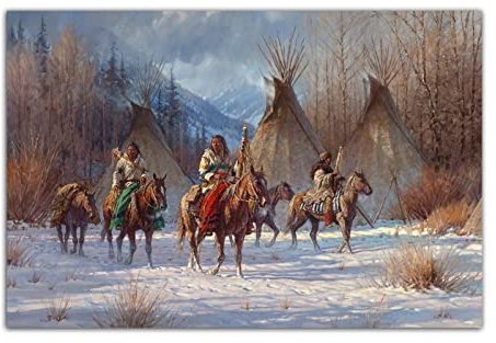 Native American Indian Chief Tribal und Pferd Jagd Iglu Kunst Malerei Wandkunst Bild Poster Poster Moderne Wohnzimmer Büro Dekor Poster (50x75cm-Ohne Rahmen)