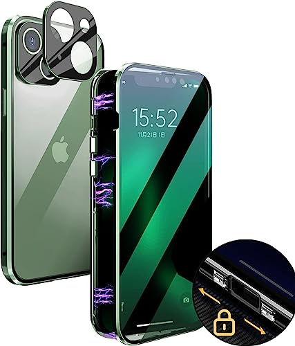 MIMGOAL Hülle für iPhone 13 360 Grad Magnetisch Transparent Grün | Gehärtetes Glas vorne und hinten, Magnetischer Aluminiumrahmen, Integrierter Kameraschutz, 9H-Displayschutz