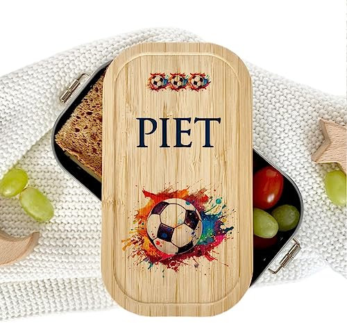 Manufaktur Liebevoll - Personalisierte Brotdose mit Fächern, Edelstahl Lunchbox mit Bambus Deckel u. Trenner, Nachhaltige Brotbüchse | Mädchen, Jungen (Motiv Fußball, Weißblech | Größe S)