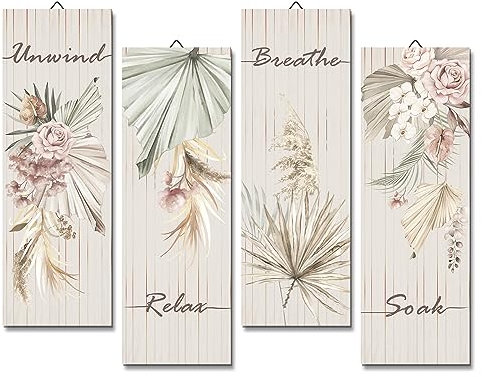 decalmile 4 Pièces Panneau en Bois Feuilles Palmier Tropicale Tenture Murale Plantes Fleurs Tableau Mural Boho Bois Décoration Murale Chambre Salon Salle de Bain