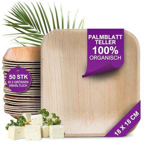 Waipur Assiette Jetable en Feuille de Palmier - 50 pcs. Carrées 18x18 cm - Vaisselle Naturelle et Élégante - Chic, Résistante et au Design Unique - semblable au Bambou et au Bois