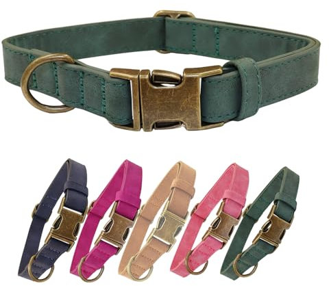 THAIN Soft Leather Dog Collar, Heavy Duty Metal Buckle Padded Dog Collar Quick Release, Adjustable Pet Collar for Small Medium Large Dogs Breeds (Dark Green, S)