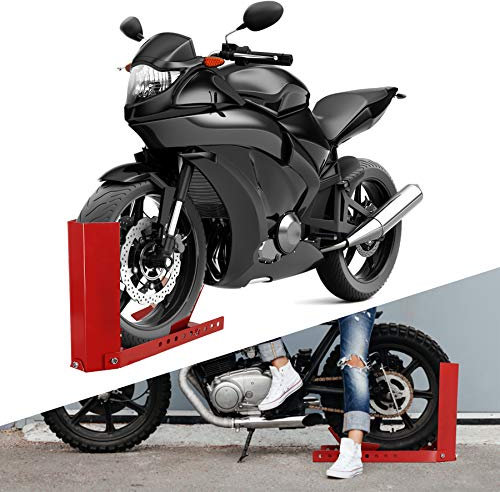 Cecaylie Support à bascule pour moto, pince de roue avant, convient pour pneus de 8 à 24 pouces, support de transport de moto avec 3 trous de boulons d'ancrage, rail d'aide au chargement
