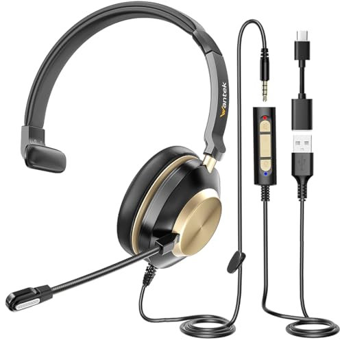 Wantek Headset mit Mikrofon, USB-Headset mit Mikrofon, Computer-Headset mit geräuschunterdrückendem Mikrofon für Laptop-PC, Inline-Stummschaltung