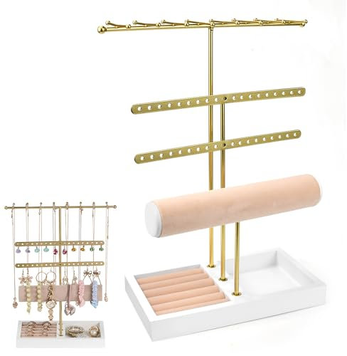NAROSEBE Présentoir Bijoux 4 Étages, Organisateur Bijoux avec Base Bois, Rangement Bijoux sur Pied, Support Bijoux Femme Doré, Range Bijoux Femme en T, pour Bracelet Boucle d'Oreille Collier Bague