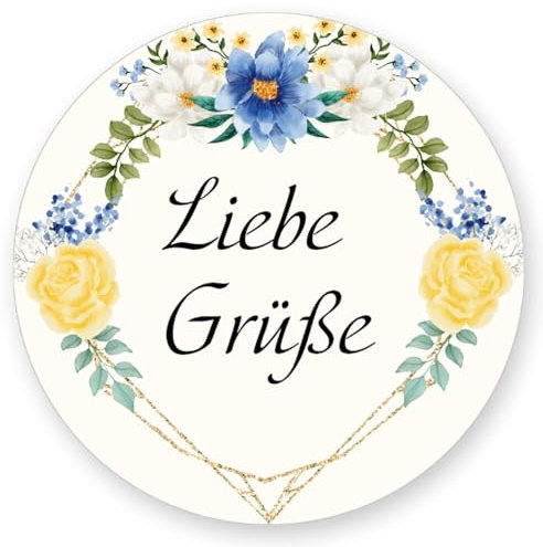 50 Aufkleber LIEBE GRÜßE - Blumenmotiv Rund Ø 4,5 cm, Besondere Anlässe Grüße, Motiv-Sticker