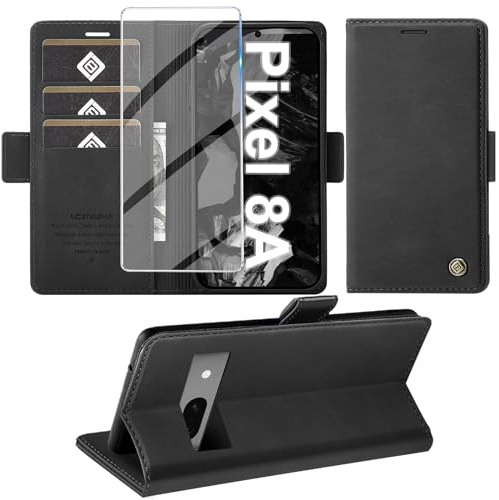 Giyer für Google Pixel 8A Hülle mit Displayschutzfolie, Handyhülle Pixel 8A 5G Premium Leder Wallet Klapphülle Standfunktion Kartenfach Schutzhülle für Google 8A Lederhülle Flip Case Cover (Schwarz)